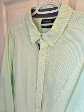 Nautica 100% Cotton Light Bright Green & White Striped Button-Down Shirt